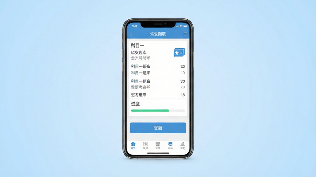 全安驾考软件主界面展示,主体为一部智能手机,屏幕内呈现驾考刷题界面,包含科目一题库列表、进度条和答题按钮,布局为手机居中放置于浅蓝色渐变背景上,排版简洁明了,风格为现代扁平化UI设计,细节包括顶部状态栏、底部导航栏、答题卡图标,画质高清,干净,无多余元素