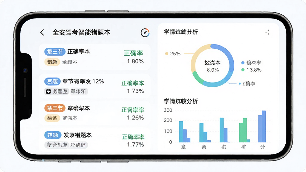 全安驾考智能错题本功能界面,主体为手机屏幕显示错题列表和学情分析图表,布局为左侧错题列表、右侧环形进度图和柱状统计图,排版清晰有序,风格为清新浅色系UI设计,细节包括错题标签、正确率百分比、章节名称,画质高清,干净,无多余元素
