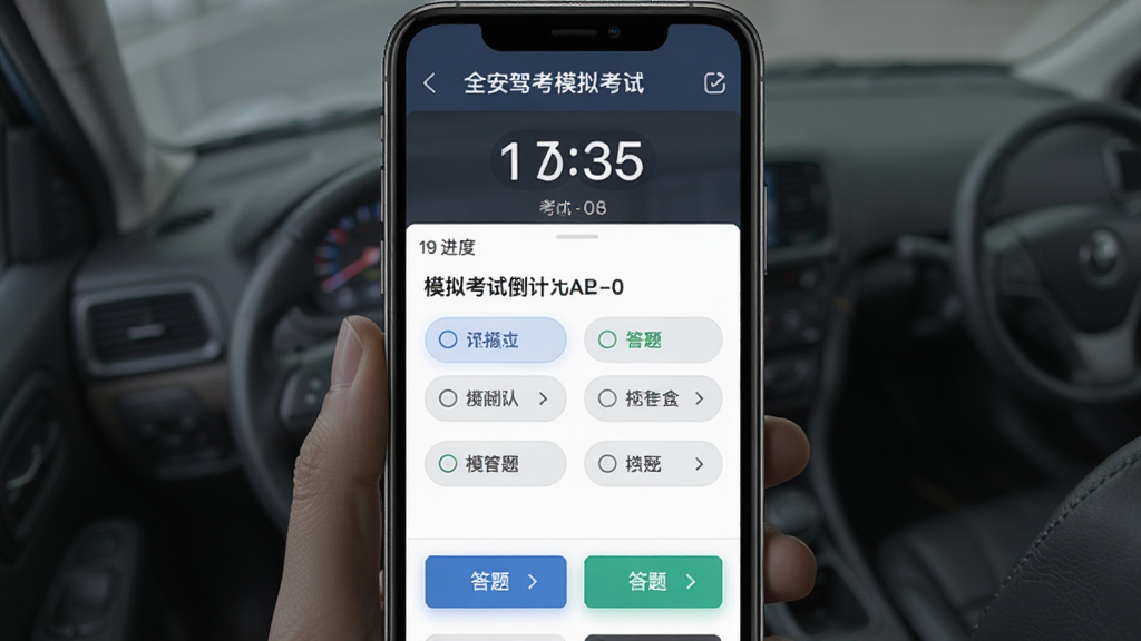 全安驾考模拟考试与多模式刷题界面,主体为手机屏幕展示模拟考试倒计时和答题选项,布局为上方考试信息栏、中间题目区域、下方答题按钮,排版规整,风格为简约商务风UI设计,细节包括计时器、题号进度、选项高亮状态,画质高清,干净,无多余元素