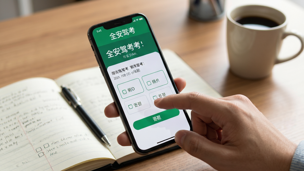 全安驾考手机端刷题操作场景,主体为一只手握持智能手机,屏幕显示驾考题目和答题选项,布局为手机屏幕占据画面中心,背景为书桌和笔记本,排版自然,风格为写实生活摄影风,细节包括手指点击屏幕动作、桌面上的笔记和咖啡杯,画质高清,干净,无多余元素