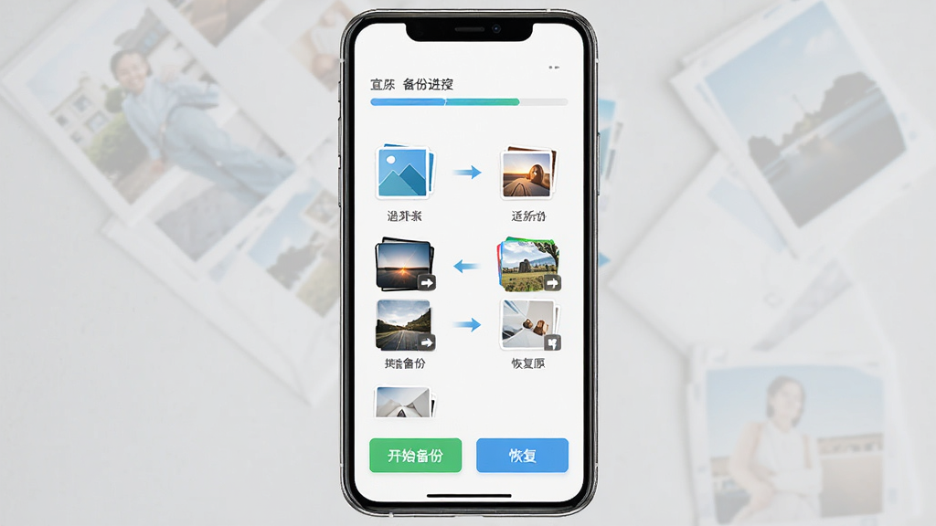 手机相册备份复原软件主界面截图,画面中央展示手机屏幕,屏幕内是软件界面,界面布局清晰,上方显示备份进度条,中间是相册分类图标,下方有开始备份和恢复按钮,风格简洁科技感,细节包含照片缩略图和数据传输箭头,画质清晰,干净无多余元素