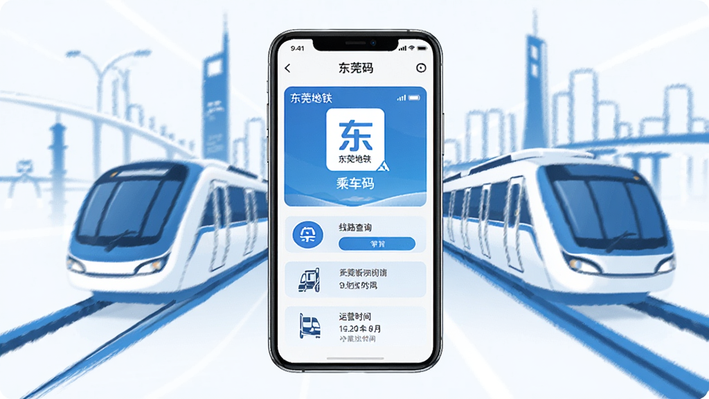 一张展示东莞地铁手机应用主界面的图片,画面中央是一部智能手机,屏幕显示东莞地铁APP的首页,包含乘车码入口、线路查询按钮和运营时间信息,背景是东莞城市轨道交通的抽象线条图案,整体风格现代简洁,蓝色和白色为主色调,画面干净清晰,无多余元素,高清画质。