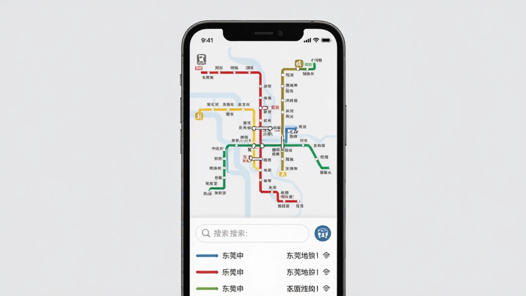 东莞地铁APP线路查询功能界面展示,手机屏幕显示东莞地铁线路图,不同线路用不同颜色标注,站点名称清晰可见,界面下方有搜索框和线路列表,背景为浅灰色,整体风格清爽简约,画质清晰,无杂乱元素。