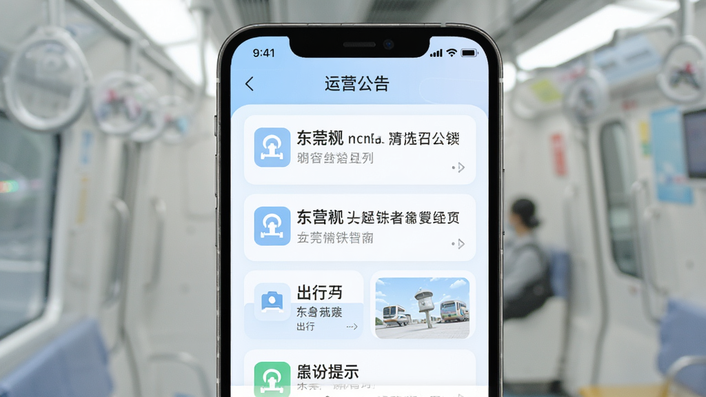 东莞地铁APP出行资讯页面,手机屏幕显示运营公告列表和出行提示卡片,顶部有“运营公告”标题,下方有若干条资讯条目,界面配色柔和,以白色和浅蓝色为主,排版整齐,画质干净,无多余装饰。