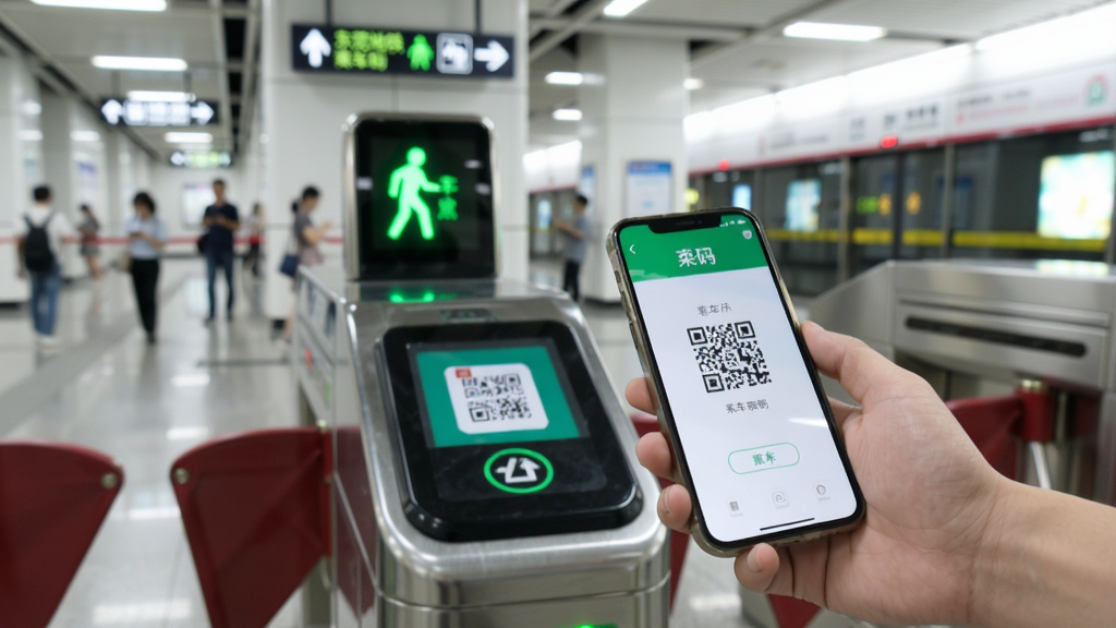 东莞地铁APP乘车码使用场景图,画面展示一位乘客在地铁闸机前用手机扫码,手机屏幕显示乘车二维码,闸机上方有绿色通行指示灯,背景为地铁站厅环境,风格写实明亮,构图清晰,画质干净,无多余人物和杂物。