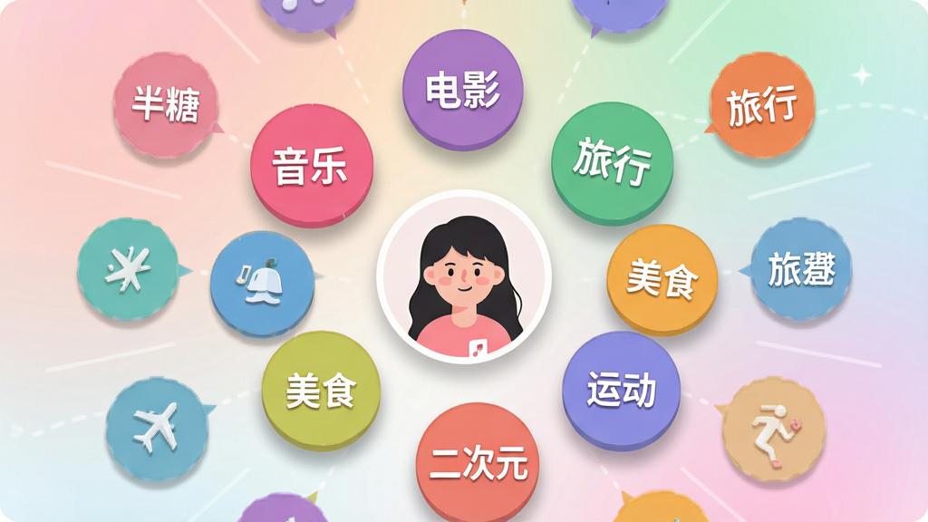 一张半糖兴趣标签匹配功能的概念图,主体为多个彩色圆形标签围绕一个中心用户头像旋转排列,标签上分别写有“音乐”“电影”“旅行”“美食”“二次元”“运动”等文字,布局呈放射状,风格扁平化插画,细节包括柔和渐变背景和轻微阴影,画质高清,干净整洁,画面中带“半糖”字样
