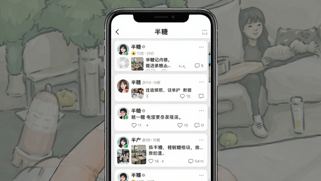 一张半糖动态广场界面的示意图,主体为手机屏幕内展示多条用户动态卡片,包含图片、文字描述、点赞和评论图标,布局为上下滑动列表,风格清爽现代,细节包括不同用户的头像和发布时间,画质高清,干净无杂乱元素,屏幕顶部显示“半糖”