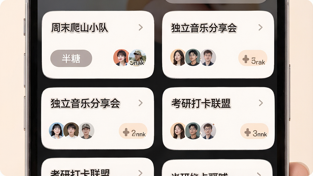 一张半糖话题小组功能展示图,主体为多个小组卡片排列在手机屏幕上,卡片包含小组名称“周末爬山小队”“独立音乐分享会”“考研打卡联盟”及成员头像,布局为两列网格,风格柔和圆角设计,细节包括加入按钮和成员数量,画质高清,干净无多余元素,画面中带“半糖”