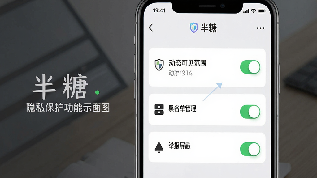 一张半糖隐私保护功能的示意图,主体为手机屏幕显示隐私设置页面,包含“动态可见范围”“黑名单管理”“举报屏蔽”等选项开关,布局为纵向列表,风格简约商务,细节包括盾牌图标和绿色安全标识,画质高清,干净整洁,屏幕中带“半糖”字样