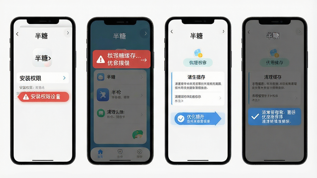 一张半糖使用指南的示意图,主体为手机屏幕显示安装权限设置页面和清理缓存操作步骤,布局为分步截图排列,风格简洁教程风,细节包括红色高亮警告框和蓝色优化提示,画质高清,干净无多余元素,屏幕中带“半糖”