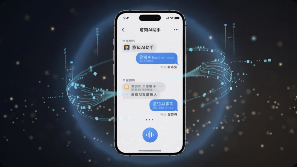 画面中央是一部智能手机,屏幕亮起显示愈知AI助手对话界面,周围环绕着柔和的蓝色光晕和抽象的数据流线条,背景是深色渐变与微光粒子,整体风格为现代科技感与温暖治愈风结合,细节上突出对话气泡与语音波纹图标,画质清晰干净无多余元素