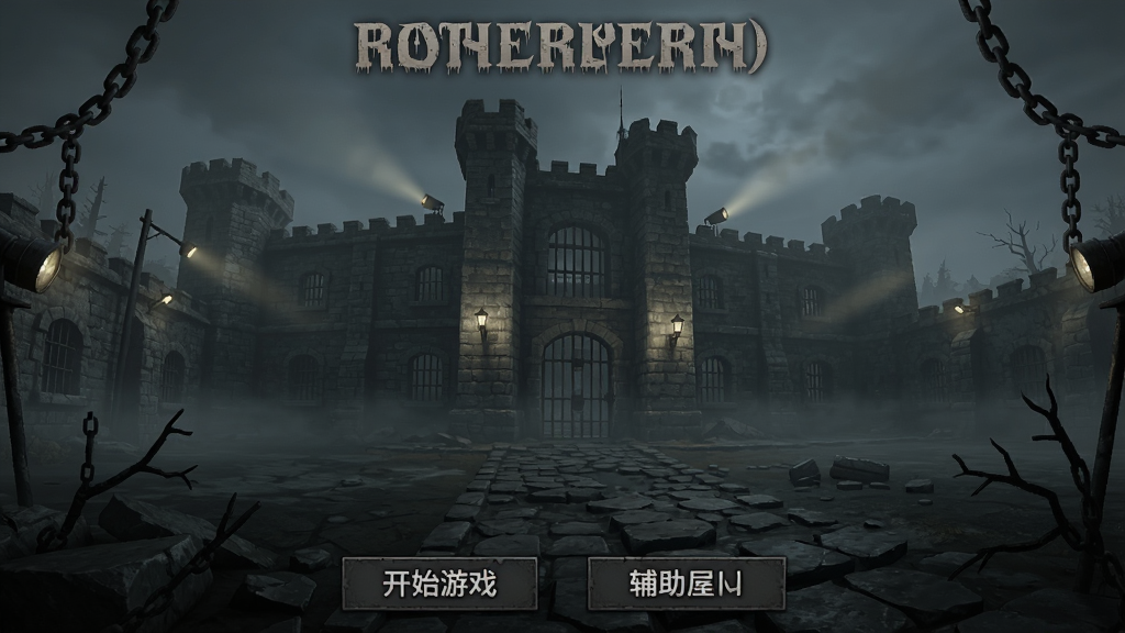 画面中央是一座阴暗的监狱建筑外观,高耸的石墙与铁栅栏窗户,四周环绕着雾气弥漫的荒芜庭院,主体为失落的监狱(辅助菜单)游戏主界面截图风格,布局上方为游戏标题,中间展示监狱全景,下方为开始游戏与辅助菜单按钮,排版简洁清晰,暗黑写实游戏美术风格,细节包含铁链、探照灯、破碎的石板路,画质高清干净无多余元素