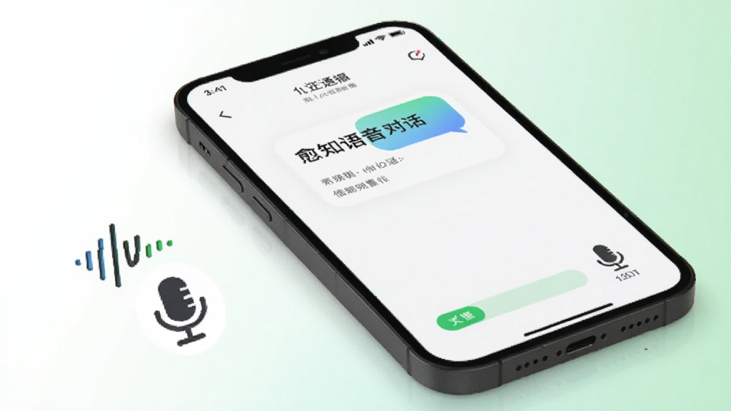 手机旁边有一个声波图标和麦克风符号,屏幕上显示愈知语音对话界面,背景为白色与浅绿色渐变,风格简约清新,画质明亮干净