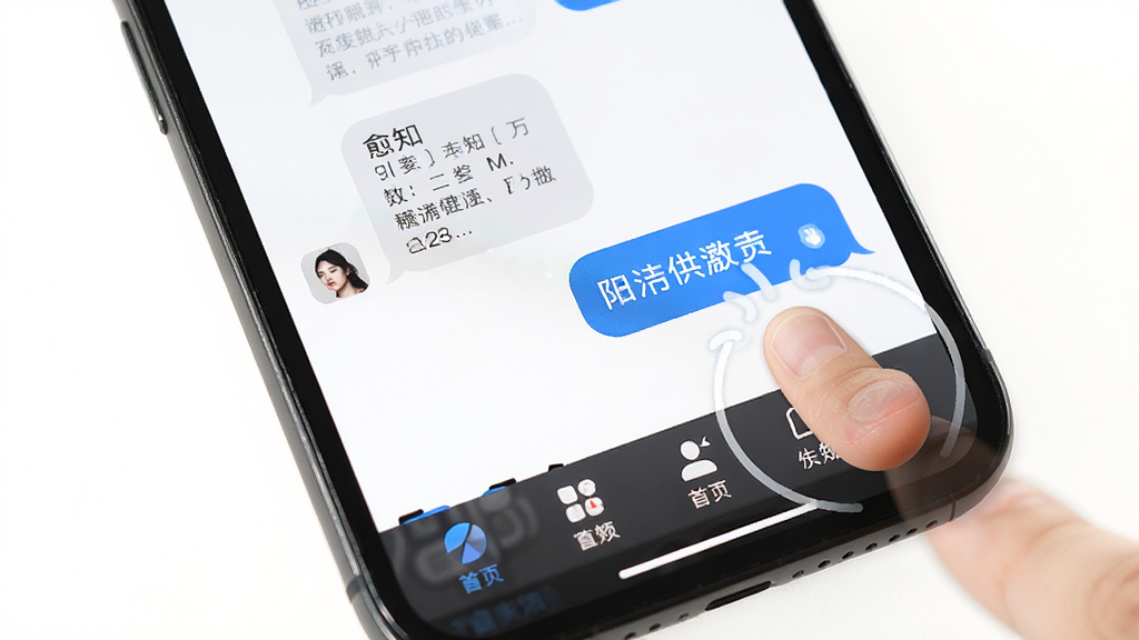 手机屏幕展示愈知应用主界面,底部导航栏清晰可见,对话气泡中有文字内容,旁边有手指点击操作的示意,背景为纯白色,风格简洁直观,画质高清