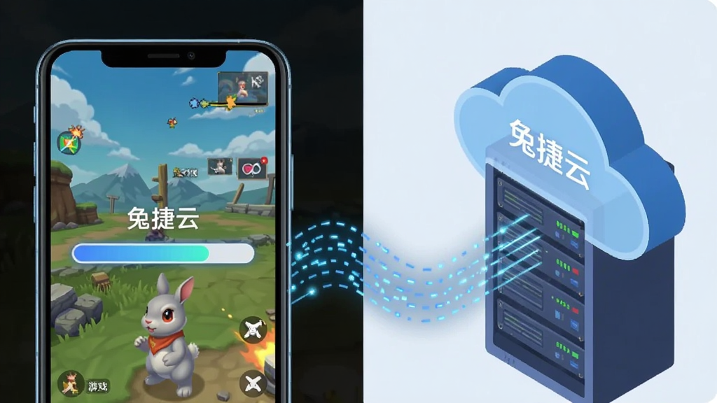 兔捷云免下载即点即玩功能展示,画面左侧是一部智能手机,屏幕中显示游戏加载进度条瞬间完成,右侧是云端服务器机柜与数据流光线连接手机,整体布局左右对比,风格扁平化科技插画,细节上数据流呈蓝色光点轨迹,手机屏幕内游戏画面清晰可见,画质干净明亮,无多余元素,画面中文字标注“兔捷云”