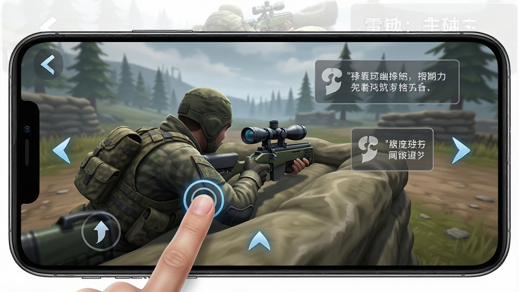 一张幽灵狙击手游戏新手教程界面的示意图,主体为手机屏幕中显示狙击手趴在掩体后瞄准前方,布局为手机竖屏画面占据中心,排版简洁明了,风格为游戏引导界面风格,细节包括手指点击屏幕的提示图标、方向指示箭头、半透明文字说明框,画质高清、干净、无多余元素