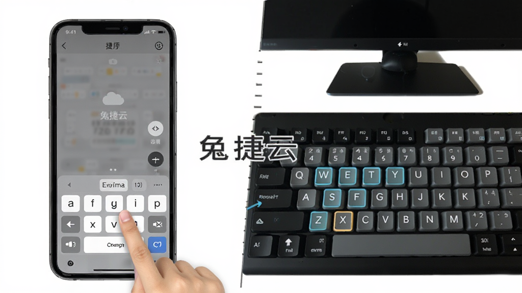 兔捷云移动端与电脑端操作对比示意图,画面左侧为手机触屏操作界面,右侧为电脑模拟器键盘映射界面,中间用分隔线隔开,整体布局左右对照,风格简洁教程风,细节上手机界面显示虚拟按键,电脑界面显示键盘按键高亮,画质清晰,无多余元素,画面中文字标注“兔捷云”