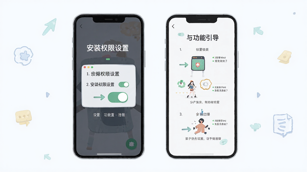 协舞新手操作指引界面展示,主体为手机屏幕内呈现安装权限设置与功能引导页面,布局为分步图示排列,排版简洁;风格为扁平化插画风,细节包含权限开关、箭头指引、提示文字;画质清晰,干净,无多余元素