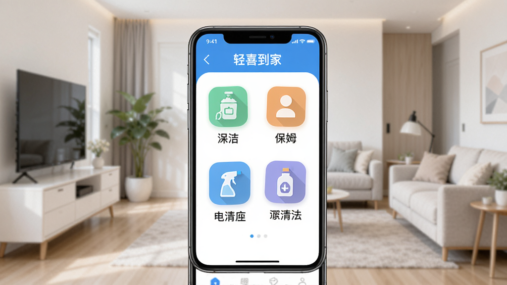 轻喜到家APP界面展示,手机屏幕中显示家政服务预约页面,包含保洁、保姆、家电清洗等图标,画面明亮整洁,现代家居背景,简约扁平化设计风格,细节清晰,画质干净,无多余元素