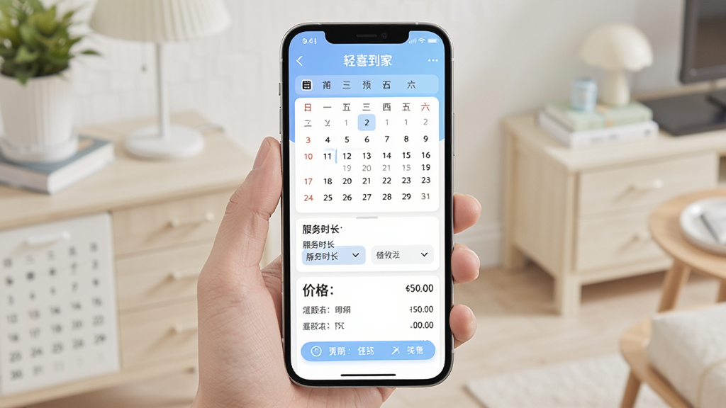 轻喜到家APP预约下单界面,手机屏幕显示日历选择、服务时长选项和价格明细,界面设计清爽,配色柔和,排版整齐,画质干净,无多余元素