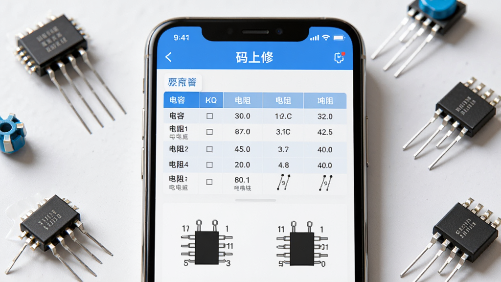 一张展示电子元器件参数查询界面的图片,画面中央是手机屏幕特写,屏幕上显示“码上修”软件的元器件查询页面,列出了电容、电阻的参数表格和引脚图。屏幕周围散落着几个真实的电子元器件。布局为特写居中,风格为写实数码风,光线柔和,画质清晰干净。