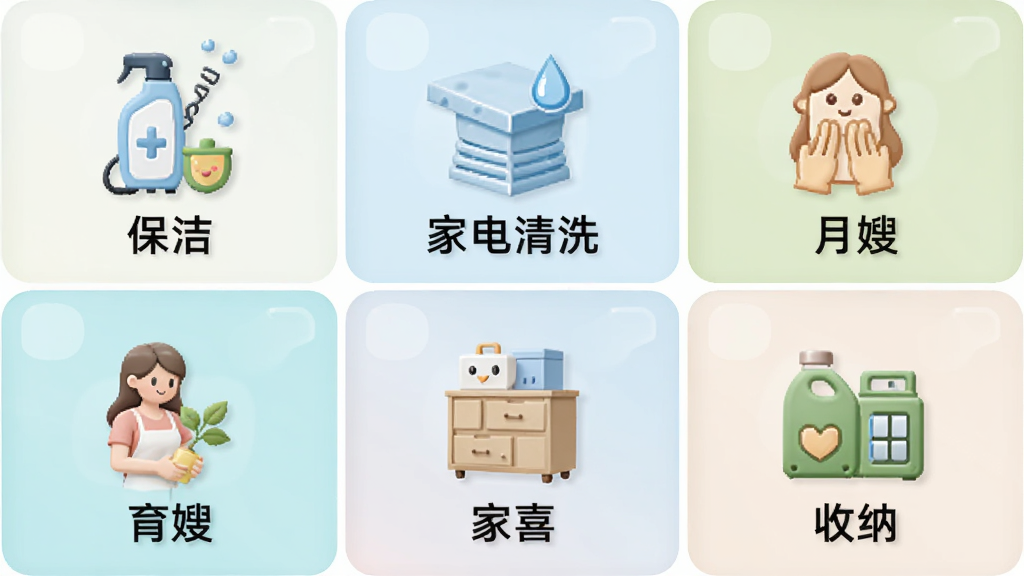 轻喜到家服务品类展示图,画面以网格形式排列保洁、家电清洗、月嫂、育儿、收纳等服务图标,配色清新,布局整齐,风格现代简约,画质干净,无多余元素