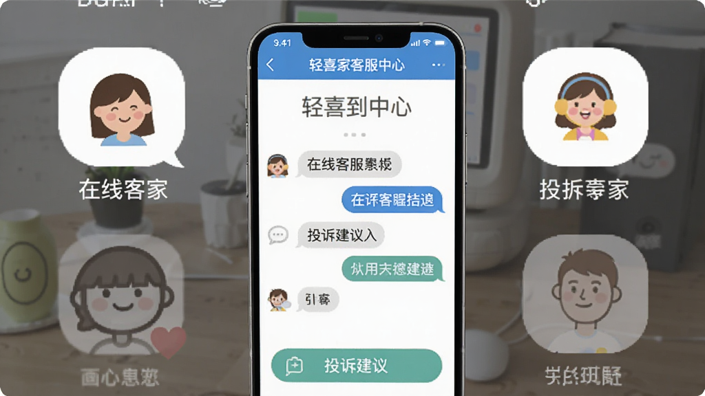 轻喜到家客服中心界面,手机屏幕显示在线客服聊天窗口和投诉建议入口,背景简洁,图标清晰,风格亲和,画质干净,无多余元素