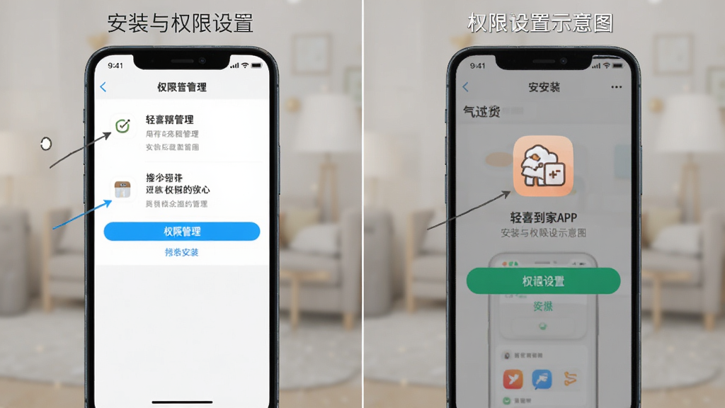 轻喜到家APP安装与权限设置示意图,手机屏幕显示权限管理页面和应用安装界面,界面标注清晰,风格简洁,画质干净,无多余元素