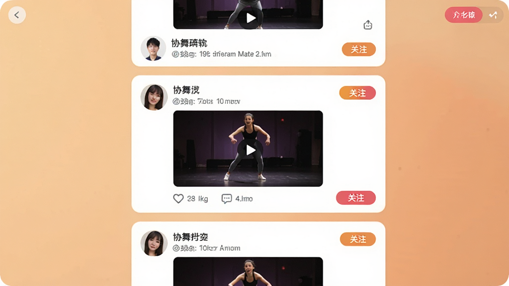 一张展示协舞软件社区互动界面的图片,画面中有多条用户动态,每条动态包含用户头像、舞蹈视频封面、点赞和评论图标,背景为柔和暖色调,风格社交化,细节包括消息提示和关注按钮,画质清晰,干净,无多余元素