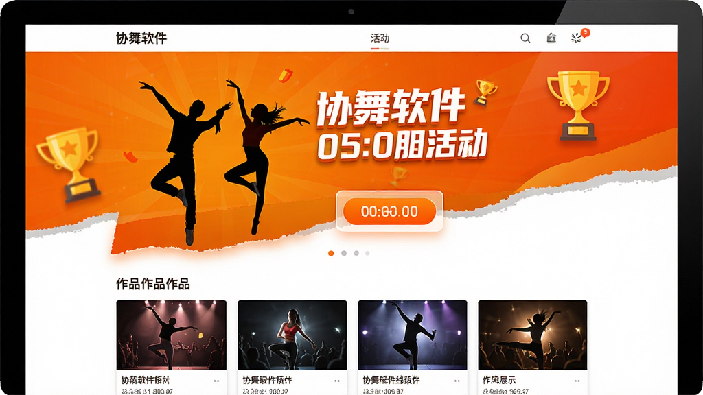 一张展示协舞软件线上活动页面的图片,画面中有活动海报、参与按钮和作品展示区,海报上有舞蹈人物剪影和活动标题,背景为活力橙色,风格动感,细节包括奖杯图标和倒计时,画质高清,干净,无多余元素