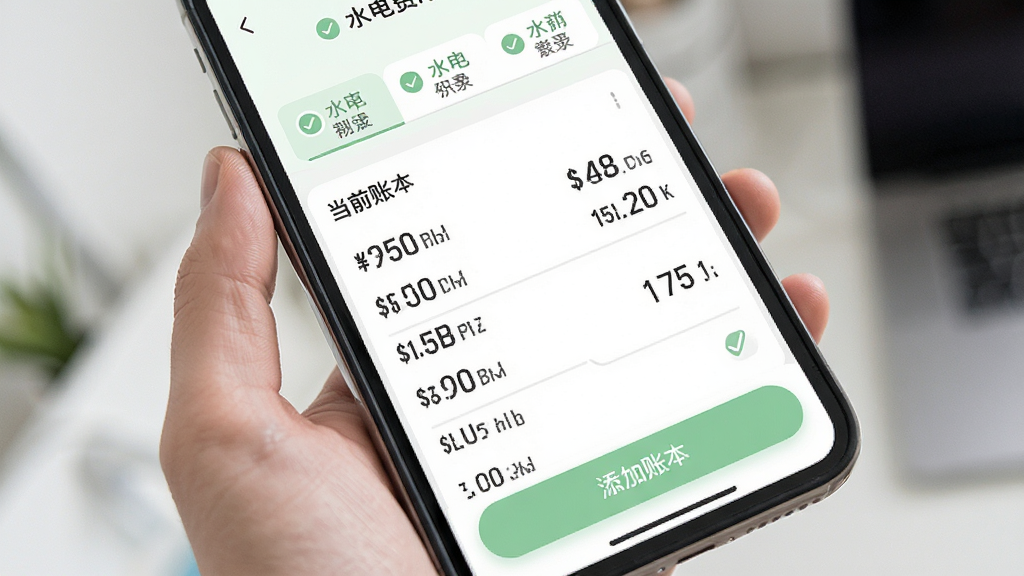 水电费极简计算助手多账本管理界面,主体为手机屏幕,屏幕内展示多个房间标签页与对应的水电读数记录,布局为顶部标签栏切换,中部显示当前账本详细数据,底部为添加新账本按钮,风格为清新浅色系,细节包含柔和的绿色勾选图标、浅灰色分割线、数字清晰可辨,画质高清,干净,无多余元素