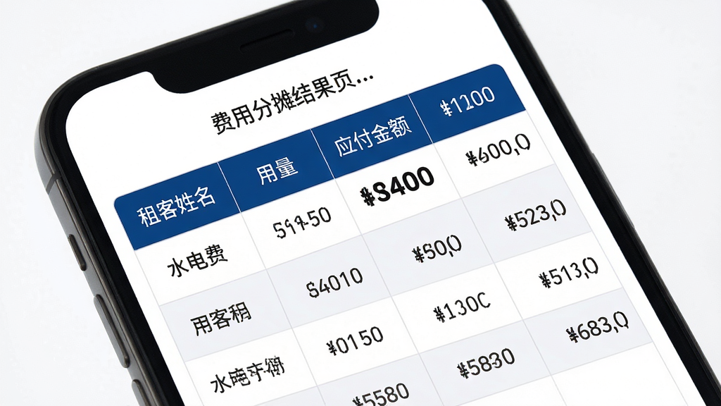 水电费极简计算助手费用分摊结果页面,主体为手机屏幕,屏幕内显示一张分摊明细表,包含租客姓名、用量、应付金额等列,布局为表格形式,排版对齐工整,风格为商务简洁风,细节包含深蓝色表头、白色隔行底色、金额数字加粗显示,画质高清,干净,无多余元素