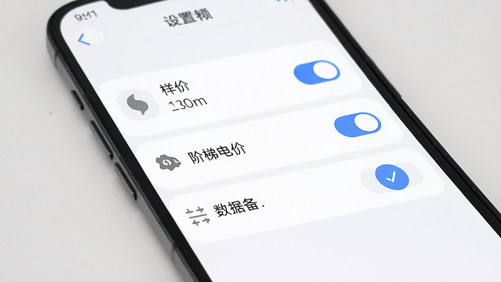 水电费极简计算助手设置页面截图,主体为手机屏幕,屏幕内展示单价设置、阶梯电价开关、数据备份等选项,布局为列表式排列,风格为清爽素雅,细节包含灰色图标、白色背景、圆角开关按钮、蓝色选中状态,画质高清,干净,无多余元素