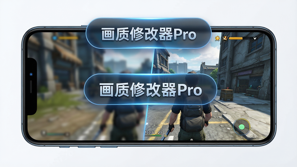 画质修改器Pro一键解锁高画质功能展示图,画面中手机屏幕显示游戏画面从模糊到清晰的对比效果,软件名称