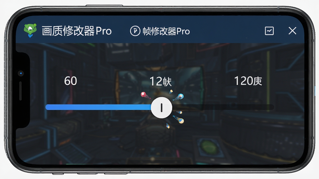画质修改器Pro帧率调节界面图,画面展示手机屏幕中帧率数值从60帧滑动到120帧的动态效果,软件名称