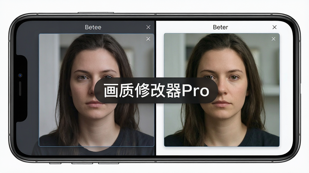 画质修改器Pro实时预览与安全保护功能图,画面中手机屏幕分屏显示修改前后画面对比,软件名称