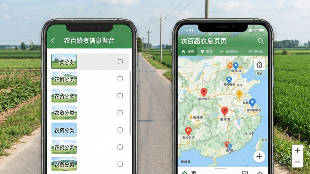 农百路农资信息聚合页面,手机屏幕展示农资分类列表与地图标注点位,背景为简洁的乡村道路与农田,布局清晰,风格写实清新,画质干净,无多余元素