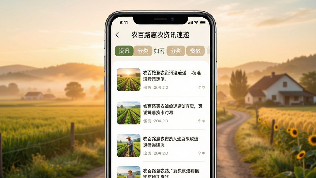 农百路惠农资讯速递界面,手机屏幕显示资讯列表与分类标签,背景为温暖的乡村清晨场景,布局简洁,风格柔和,细节丰富,画质干净,无多余元素