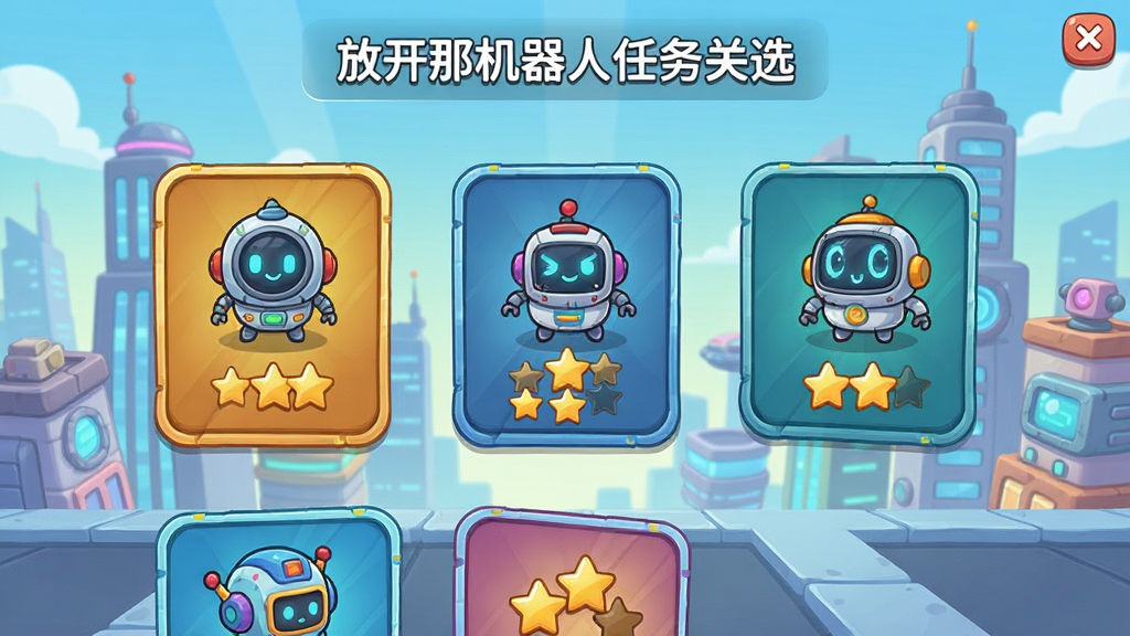 放开那机器人任务关卡选择界面,屏幕上显示多个关卡图标和星级评价,背景是卡通风格的科技城市,布局清晰,风格轻松活泼,细节到位,画质高清,干净,无多余元素