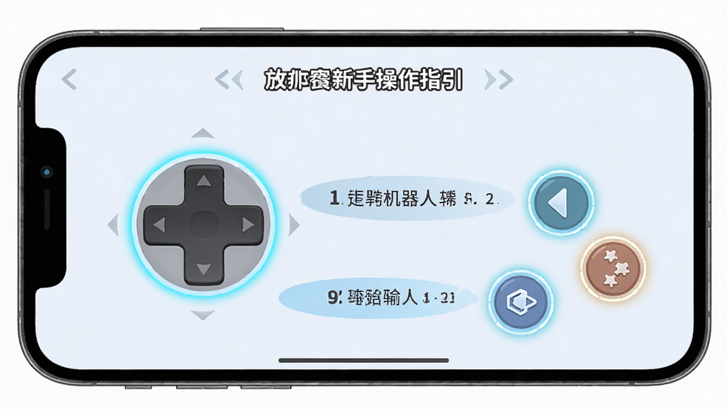 放开那机器人新手操作指引界面,手机屏幕显示虚拟摇杆和按钮的高亮提示,旁边有文字标注操作步骤,背景为简洁的浅色界面,布局清晰易懂,风格友好,细节到位,画质高清,干净,无多余元素