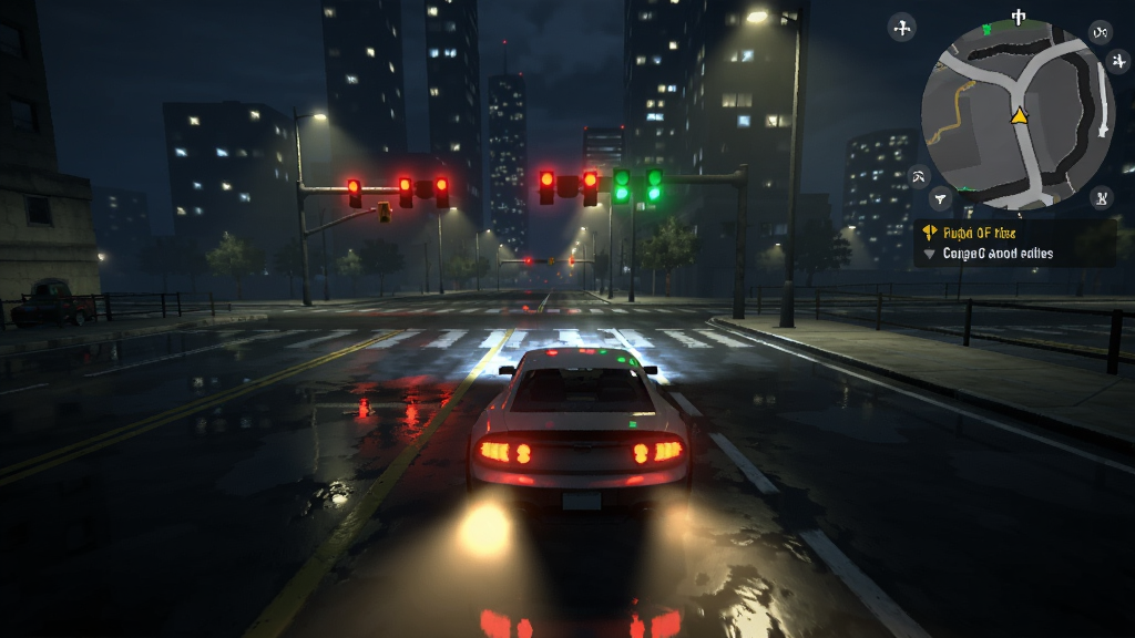 游戏内夜晚城市道路场景,一辆汽车开启车灯行驶在雨中街道上,路面有积水反光,远处有红绿灯与高楼灯光,画面右上角显示小地图与任务提示,风格为写实3D渲染,氛围感强,画质清晰,干净,无多余元素
