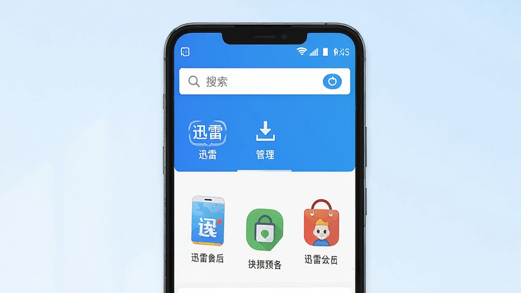 主体为一部安卓手机屏幕,屏幕中央显示迅雷浏览器简洁首页界面,顶部有搜索框,下方有常用网站图标;布局为手机居中放置,背景为淡蓝色渐变;排版突出浏览器界面细节,屏幕内容清晰;风格为现代科技感,扁平化设计;细节包含迅雷浏览器标志性蓝色主题、下载管理入口、多标签页图标;画质高清,干净,无多余元素