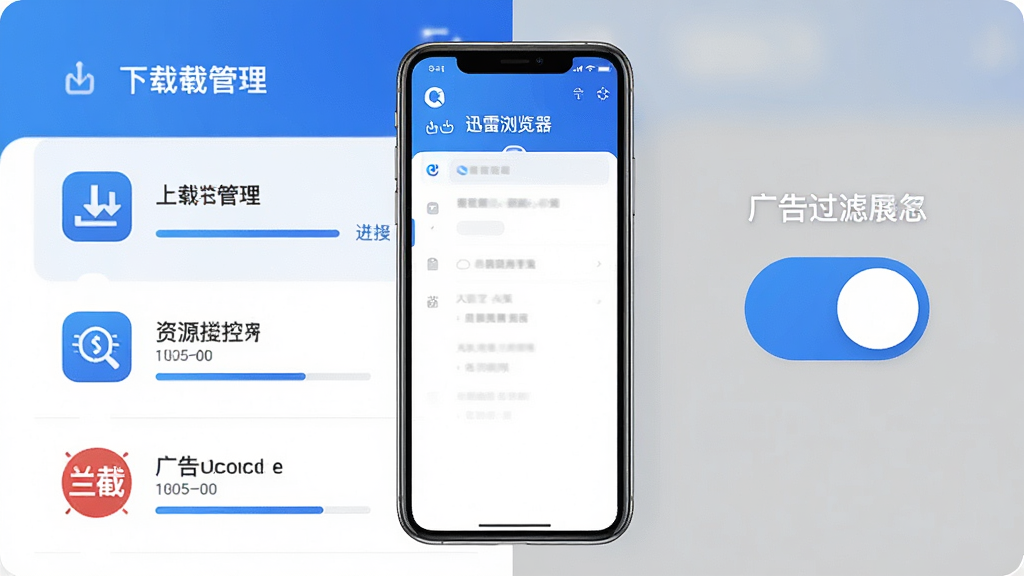 主体为迅雷浏览器功能展示图,画面中央是手机界面,左侧展示下载管理列表,右侧展示广告过滤开关;布局为左右分栏对比;排版清晰,图标和文字标注明确;风格为简洁科技风,蓝色与白色为主色调;细节包含下载进度条、资源嗅探图标、广告拦截标志;画质高清,干净,无多余元素
