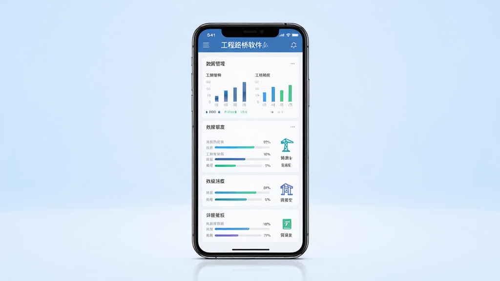 数智路桥软件主界面全貌展示,主体为一部竖屏智能手机放置于画面中央,手机屏幕显示工程管理仪表盘和数据看板,布局上屏幕内容清晰居中,背景为简洁的浅蓝色渐变,风格偏向现代商务科技感,细节上包含图表、进度条与工程图标元素,画面干净无多余装饰,画质高清锐利