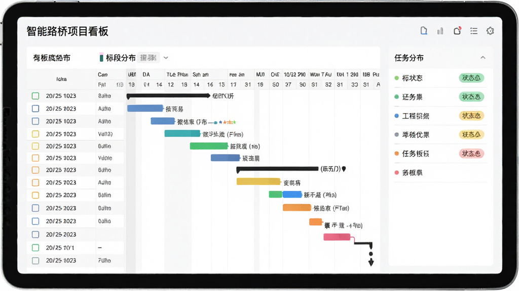 数智路桥项目看板界面展示,主体为一块平板设备横屏显示工程进度甘特图与标段分布,布局上甘特图占据屏幕主要区域,右侧附任务列表,风格为简洁商务扁平化,细节包含彩色进度条、日期标注与状态标签,画质清晰干净无多余元素