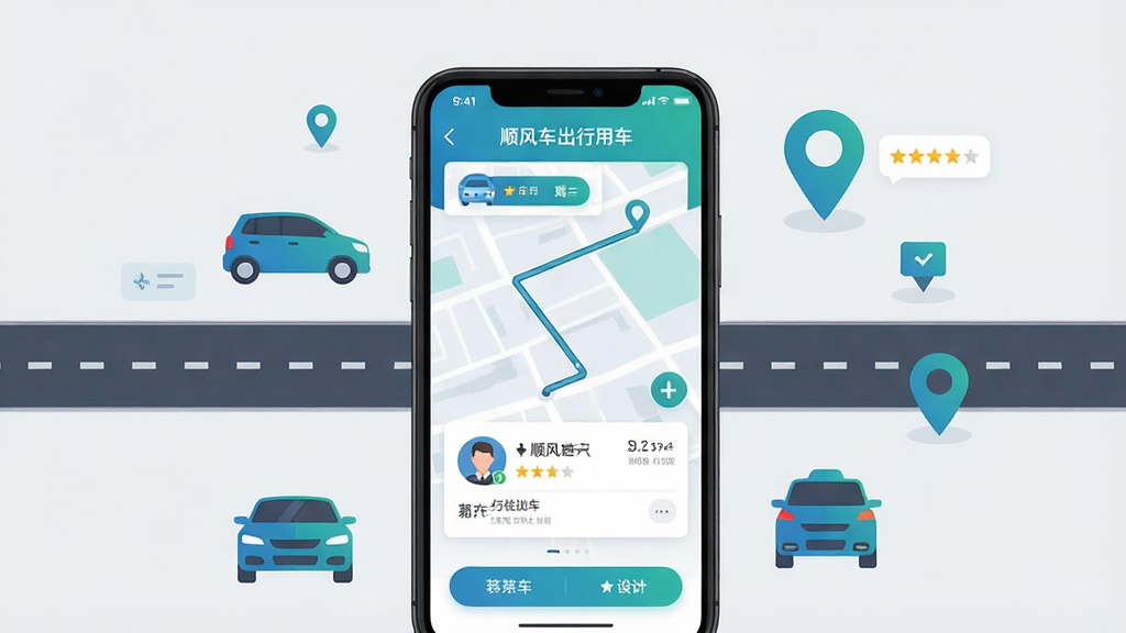 画面中央是一部智能手机,屏幕上显示“顺风车出行用车”应用的主界面,界面包含地图路线和车主头像卡片。手机周围环绕着汽车、道路、定位图标等元素。布局采用中心对称,手机垂直放置。风格为现代扁平化科技风,色彩以蓝绿色渐变为主,背景干净浅灰。细节包括清晰的UI按钮、行程卡片、评分星级。画质高清,干净,无多余元素。