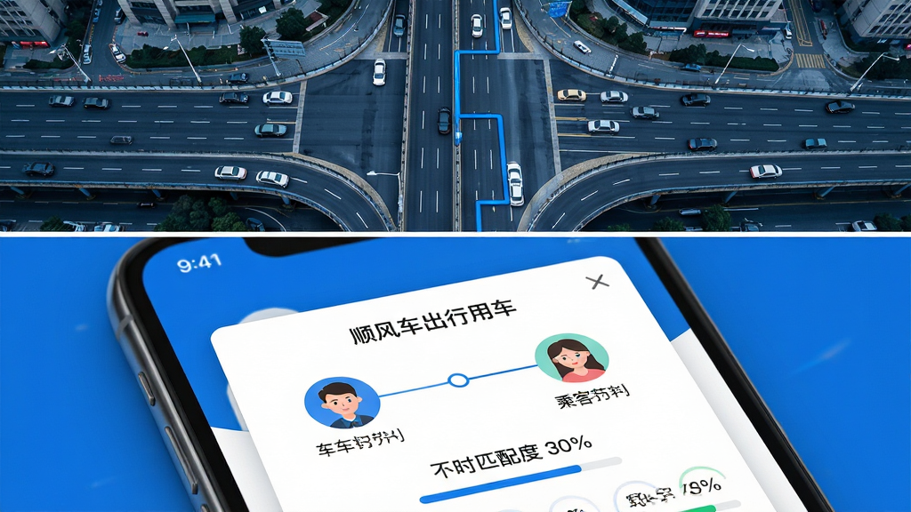 画面上方是城市道路俯视图,下方是手机屏幕特写,屏幕中显示“顺风车出行用车”的匹配成功弹窗,有车主与乘客头像连线。布局为上下分层。风格为写实科技风,色调以蓝色和白色为主。细节包括路线轨迹、时间标签、匹配度百分比。画质高清,干净,无多余元素。