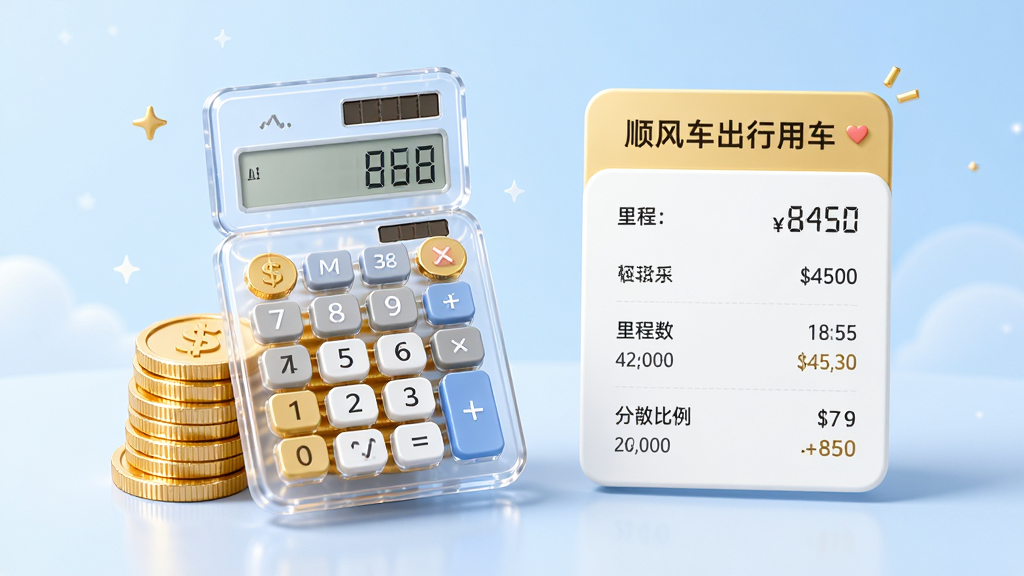 画面中央是一个透明计算器与金币堆叠的抽象组合,旁边是“顺风车出行用车”的费用明细卡片。布局为居中构图。风格为轻拟物风,色调以金色和浅蓝为主。细节包括数字金额、里程数、分摊比例。画质高清,干净,无多余元素。