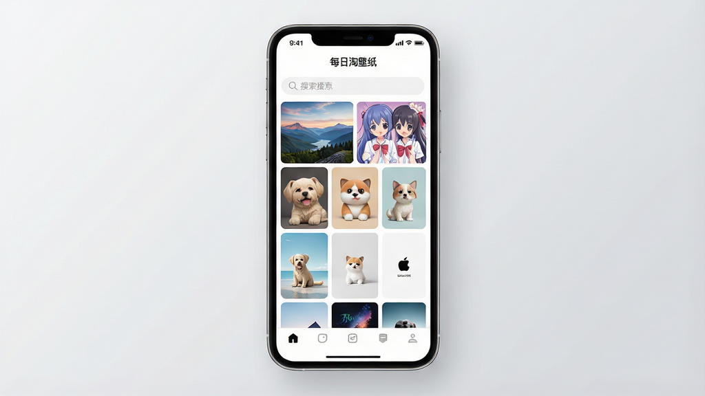 一张展示手机壁纸应用界面的图片,画面中央是一部竖屏智能手机,屏幕内显示“每日淘壁纸”应用首页,页面顶部有搜索框,中间以网格形式排列多张不同风格的高清壁纸缩略图,包括风景、动漫、萌宠、极简等类型,底部有导航栏。整体布局清晰,排版整齐,风格为现代简约科技风,细节上手机边框圆润,背景为浅灰色渐变,画质高清,干净,无多余元素。
