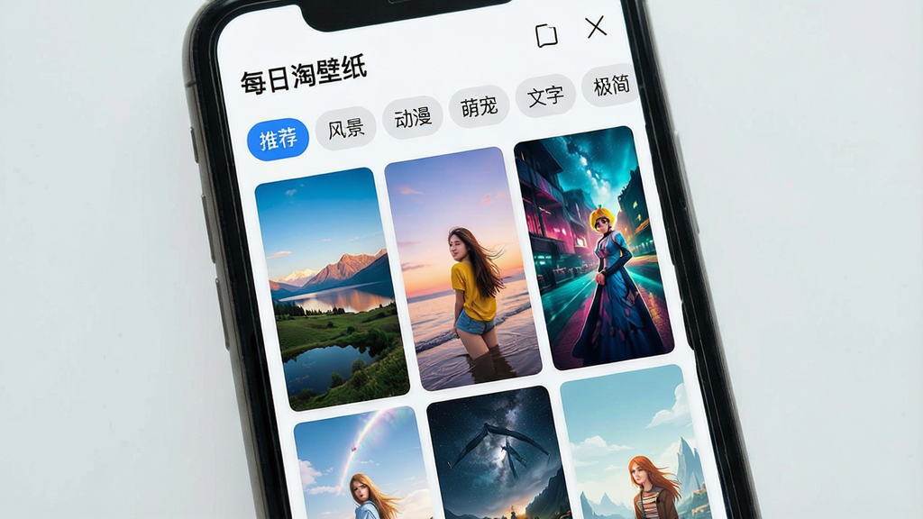 一张展示壁纸分类选择界面的图片,画面为手机屏幕特写,屏幕内显示“每日淘壁纸”的分类页面,顶部有横向滑动的分类标签,如“推荐”“风景”“动漫”“萌宠”“文字”“极简”等,下方以瀑布流形式展示对应分类的高清壁纸缩略图。布局为竖向排版,风格清新浅色,细节上标签有选中高亮效果,壁纸缩略图色彩丰富,画质高清,干净,无多余元素。